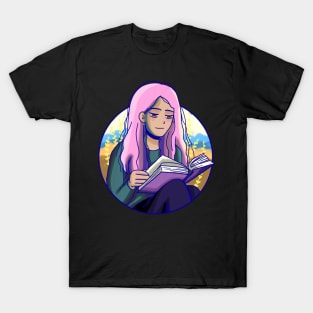 Cute girl with pink hair reading T-Shirt